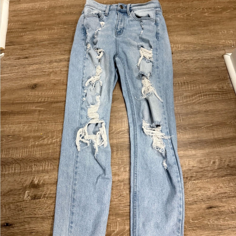 Cello Light Blue Distressed Straight Leg Jeans